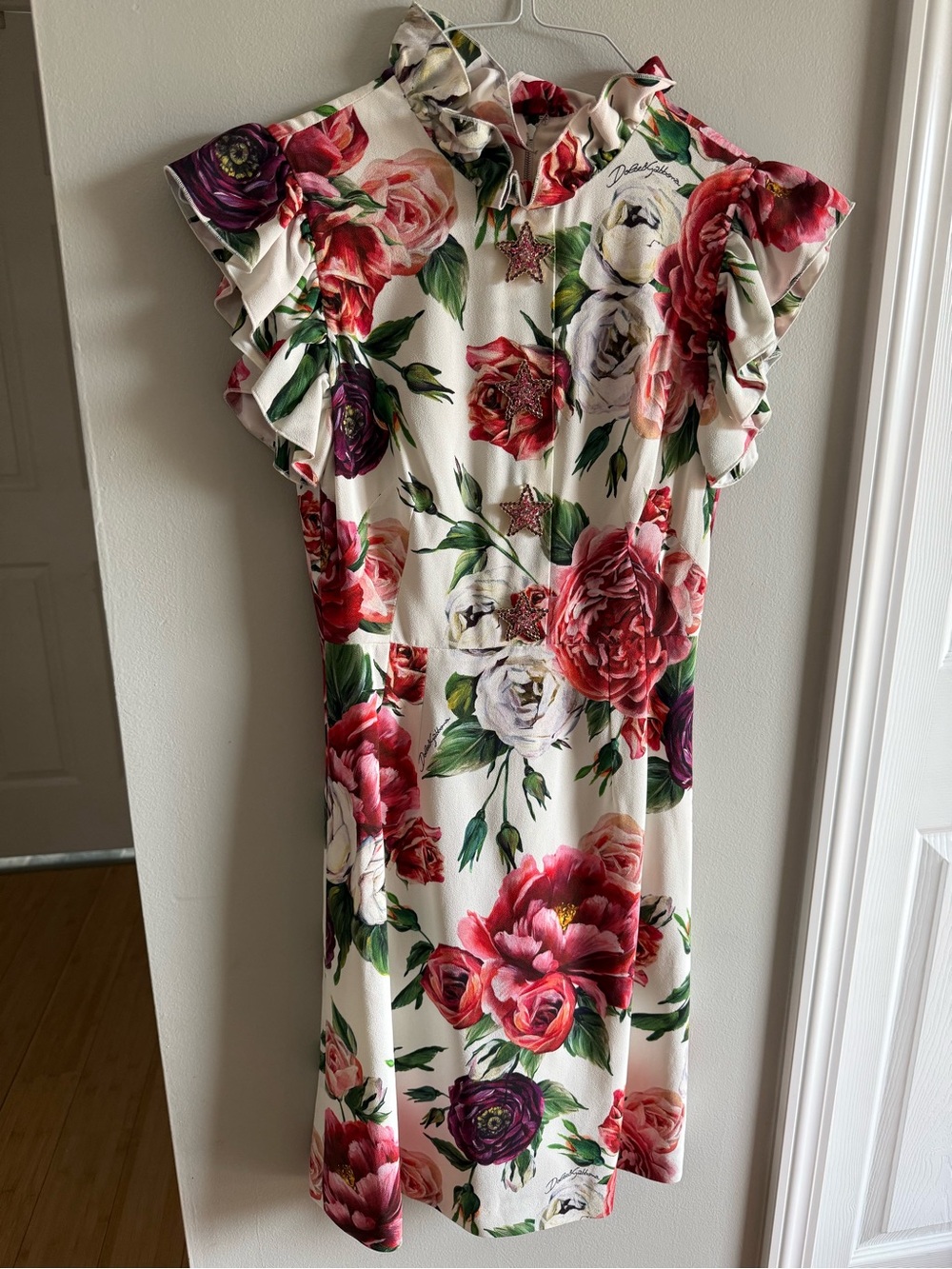 DOLCE & GABBANA Multi Floral Crepe Pink Crystal Star Button Mini Dress 36